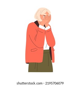 Woman in grief and despair, crying, weeping. Upset unhappy anguish person shedding tears, covering face with palms hands in sorrow. Flat graphic vector illustration isolated on white background