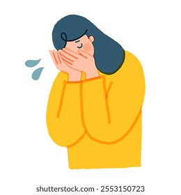 Mujer en pena y desesperación, llorando, llorando. Persona de angustia infeliz molesta derramando lágrimas, cubriendo la cara con las palmas de las manos con dolor. Ilustración vectorial gráfica plana aislada sobre fondo blanco