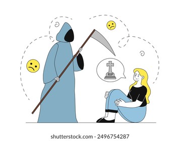 Woman with grim Reaper. Young girl in fear of death near silhouette with scythe. Mental and psychological disorder. Panic and horror. Linear vector illustration isolated on white background