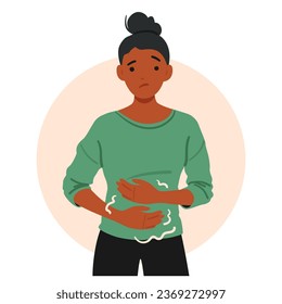 Woman Grimaces, Clutching Her Stomach In Discomfort, African American Female Character Experiences Symptoms Of Gastritis, Such As Indigestion or Abdominal Pain. Cartoon People Vector Illustration