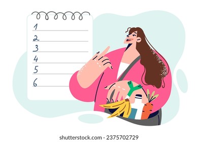 Woman with groceries in bag looks at blank numbered list symbolizing diet food shopping plan. Girl on diet is shopping in grocery market and checking notes in notebook so as not to forget anything.