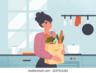 Woman with groceries. Young girl with package of natural and organic products, vegetables and milk. Household chores and routine, hostess with food in kitchen. Cartoon flat vector illustration