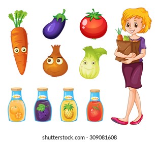 Woman with grocery bag illustration
