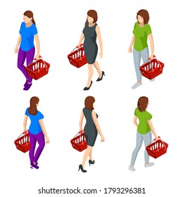 Woman with grocery basket cart from supermarket on white isolated background. Isometric shopping market basket with variety of grocery products Front view.