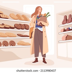 Woman in grocery shop, standing with craft bag full of food. Modern female buyer in department store near shelves. Daily purchases, everyday routine. Colored flat vector illustration