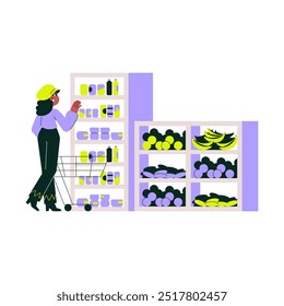 Mulher compras de supermercado com um carrinho, colhendo itens de prateleiras, simbolizando compras de alimentos, alimentação saudável e varejo, ilustração vetor plana isolada no fundo branco.