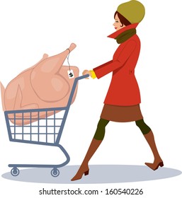 Woman grocery shopping for Thanksgiving or Christmas, pushing a shopping cart with a huge frozen turkey down the aisle, vector cartoon