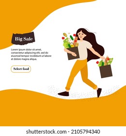 Woman at grocery store. Shopping concept. Cartoon young female making purchases. Isolated cute girl carrying bags with food products. Vector character buys fruit and vegetables in greengrocer shop