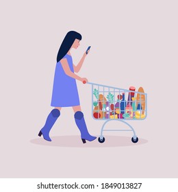 Woman with grocery trolley with different foods, beverages and bottles. Colorful flat vector drawing.