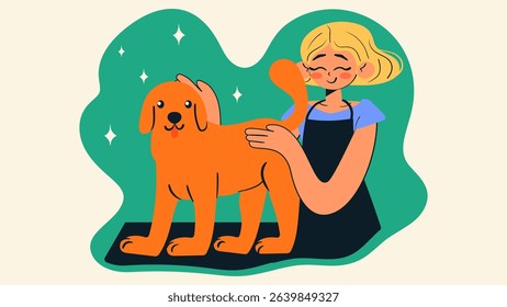 Woman grooming dog. Smiling girl finished washing dog. Pet grooming salon. Professional groomer. Doodle style isolated vector illustration.