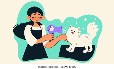 Woman grooming dog. Smiling girl dries puppys hair. Pet grooming salon. Professional groomer. Doodle style isolated vector illustration.