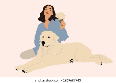 Woman grooming her big white dog at home with hairbrush. Animal care. Vector illustration