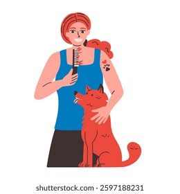 Woman grooming pet dog vector hand drawn illustration. The owner takes care of the dog, combing the fur with a comb