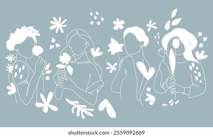 Woman Group with Flowers One Line Vector Drawing. Women Silhouette Creative Contemporary Abstract Drawing. Beauty Fashion Female Body, Elegant Vector Minimal Art for Fashion Design, Wall Art. Not AI
