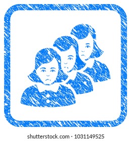 Woman Group rubber seal stamp imitation. Icon vector symbol with grunge design and unclean texture in rounded square. Scratched blue sign on a white background.