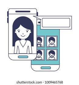 woman and group social network chat in smartphone in blue color sections silhouette