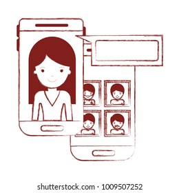 woman and group social network chat in smartphone in dark red blurred silhouette