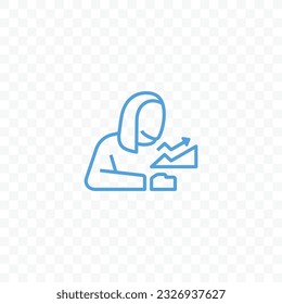 Woman and growing diagram with arrow vector icon. Outline person and bar chart statistics graphic ico