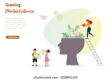 Woman growing flowers in human brain with happy children. Growing mental wellness, mindfulness and positive thinking at school and family concept. 