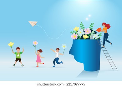 Woman Growing Flowers In Human Brain With Happy Children. Growing Mental Wellness, Mindfulness And Positive Thinking Education At School And Family Concept. 