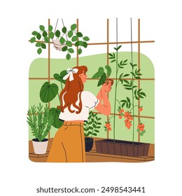 Woman growing green leaf plants in greenhouse, conservatory. Female caring for houseplants in glasshouse, hothouse. Indoor gardening in pots. Flat vector illustration isolated on white background