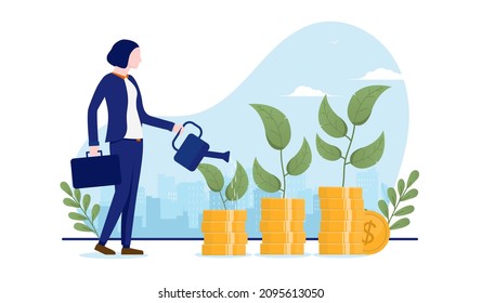 Woman Growing Money - Female Person Watering Money Tree. Economic Growth And Business Profits Concept, Vector Illustration