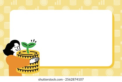 Woman with growing money: Savings background frame holding heavy money and growing investment and savings	