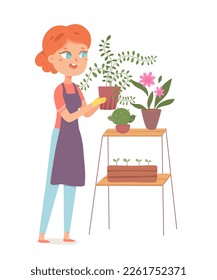 Plantas cultivadas por mujeres en el jardín de la ilustración del vector del hogar familiar. Caricatura de una mujer en un delantal y guantes con maceta de flores en las manos.