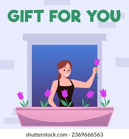 Woman growing tulip flowers outside of her window, gift for you inscription, flat vector illustration. Happy person staging at window. Spring concept.
