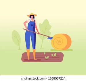 Woman grows vegetables herself, haystack in the background. Concept of eco friendly lifestyle, gmo free, farm fresh organic products, vegan, organic design. Vector illustration in flat design