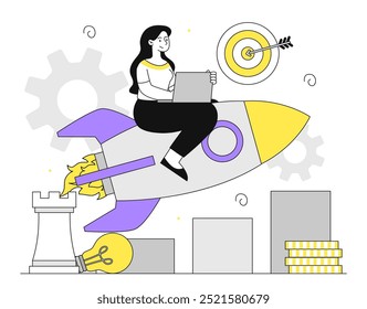 Mulher com estratégia de crescimento. Empresária no foguete. Liderança e desenvolvimento de negócios. Empreendedor com ideia de start-up. Aspiração e motivação. Ilustração de vetor linear