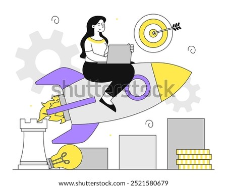 Woman with growth strategy. Businesswoman at rocket. Leadership and business development. Entrepreneur with start up idea. Aspiration and motivation. Linear vector illustration