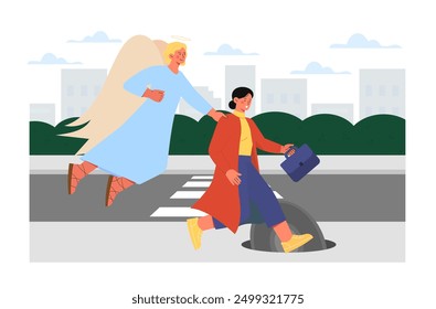 Woman with guardian angel. Young blonde girl with wings and nimbus flies near business lady. Mythology and religion. Faith and belief. Flat vector illustration isolated on white background