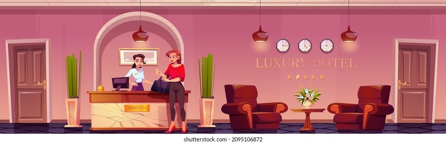 Woman Guest Check In On Luxury Hotel Reception With Female Manager At Desk Look Information On Pc Desktop. Hall, Lobby Interior, Tourism, Business Trip. Interior Of Inn, Cartoon Vector Illustration
