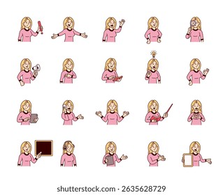 Conjunto de personagens guia mulher com mãos, livros, sinais, placas, dispositivos, emoções, comunicação, apresentação, ensino, leitura, mensagem, símbolos, aprovação, música e poses humanas expressivas