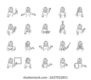 Woman guide character set with hands, books, signs, boards, devices, emotions, communication, presentation, teaching, reading, message, symbols, approval, music, and expressive human poses