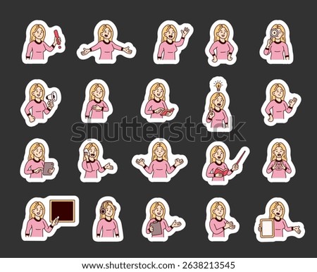 Woman guide character set with hands, books, signs, boards, devices, emotions, communication, presentation, teaching, reading, message, symbols, approval, music, and expressive human poses