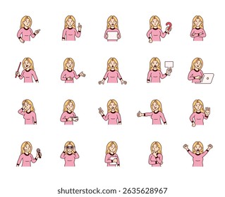 Woman guide character set with human features demonstrate communication, direction, teaching, thinking, celebration, and various emotional reactions for yours illustration