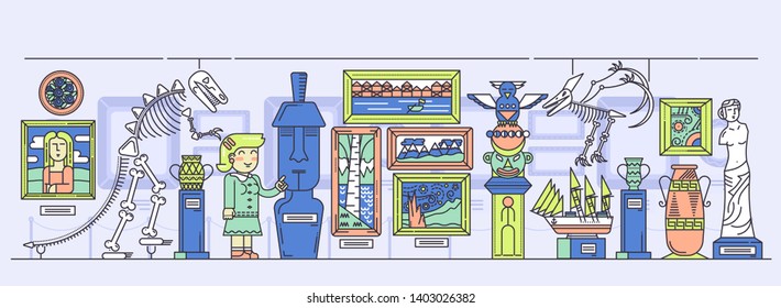 Woman guide conducting excursion around exhibition hall with artifacts. Exposition with paintings, sculptures, dinosaurs skeletons, ancient objects at museum. Art gallery vector flat illustration.