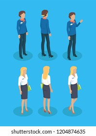 Woman guide with decorative bow on neck. Consultant lady with name tag on blouse wearing heels. Blonde and brunette workers set isolated on vector