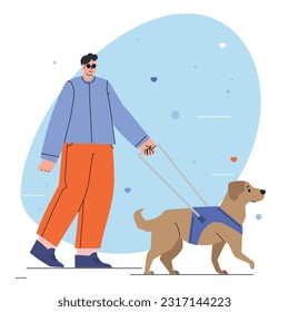 Woman with a guide dog walking. Person who is visually impaired or blind person with seeing-eye labrador. Isolated flat vector illustrationWorld Disability Day. People with Disabilities