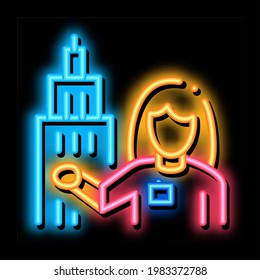 Woman Guide near Tower Landmark neon light sign vector. Glowing bright icon Woman Guide near Tower Landmark Sign. transparent symbol illustration