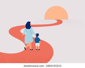 Woman guides and supports son on his life pathway. Child does first steps in personal realisation. Single mother with baby boy want to immigration into new life. Childcare and family bonds concept