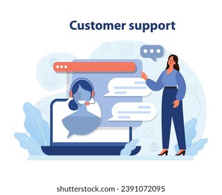 Mujer guiando hacia el servicio de atención al cliente en línea, mostrando asistente virtual en pantalla portátil, asegurando la satisfacción del cliente. Comunicación tecnológica sin problemas. Ilustración vectorial plana.