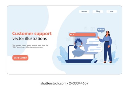 Woman guiding towards online customer support, showcasing virtual assistant on laptop screen, ensuring client satisfaction. Seamless tech communication. Flat vector illustration.