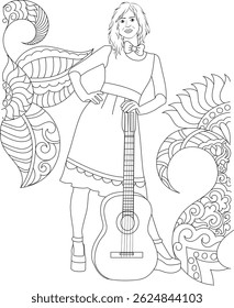 Mulher com guitarra estilo 80s Line Art, ilustração de arte de linha com uma mulher na moda dos anos 80 com uma gravata e vestido, posando com uma guitarra acústica, cercado por decorativo vintage-estilo