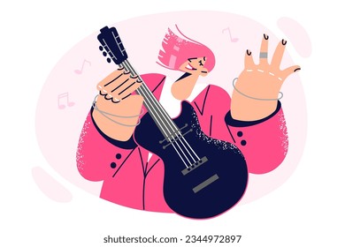 Woman with guitar performs at rock concert, playing compositions of own composition or making cover of famous tracks. Girl with bright appearance is fond of musical hobby and plays guitar