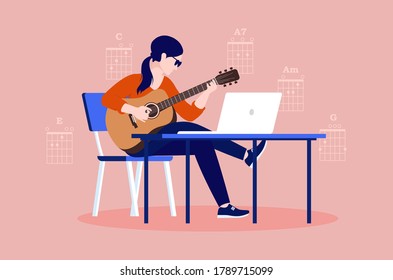 Woman guitar player doing online lessons - Female in chair in front of computer playing instrument with chords in background. Hobby, music and free time concept. Vector illustration.