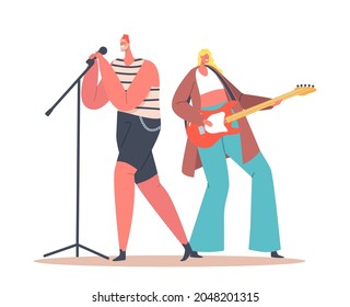 Woman Guitar Player and Man Singer with Microphone Singing Song in Music Band on Stage. Vocalist and Guitarist Characters Entertaining, Musical Recreation Concept. Cartoon People Vector Illustration