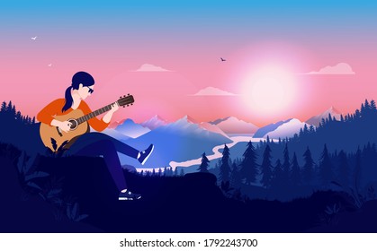 Woman guitar player outside in nature - Female person playing acoustic guitar on hilltop with nature, forest and mountains in background. Vector illustration.